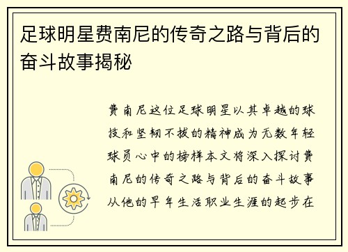 足球明星费南尼的传奇之路与背后的奋斗故事揭秘